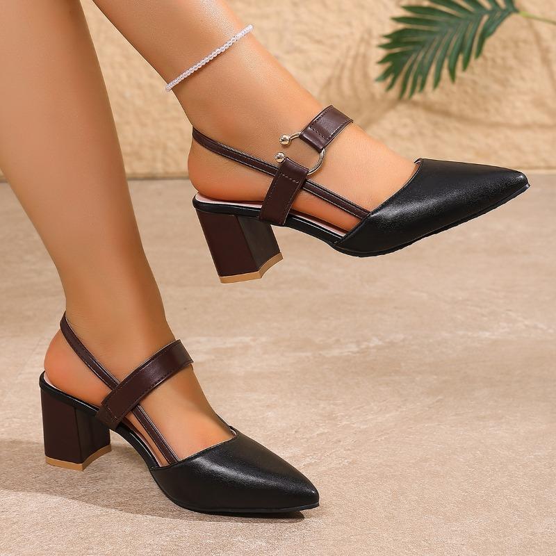2026 Summer Sexy Pointed Toe Chunky Heel Sandals Classic Solid Color Slingback Comfortable Walking Slip-on Women High Heels35-44