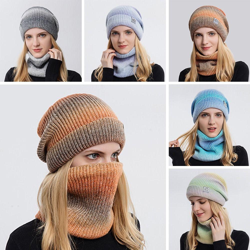 

Градиентная вязаная уличная защита ушей, шерстяная шапка, шапки, зимняя шапка, шапка, шарф, комплект из двух предметов