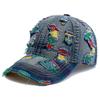 New Style Women Cap Tear Style Hole Vintage Colorful Lines Baseball Caps Female Casual Outdoor Streetwear Denim Hat