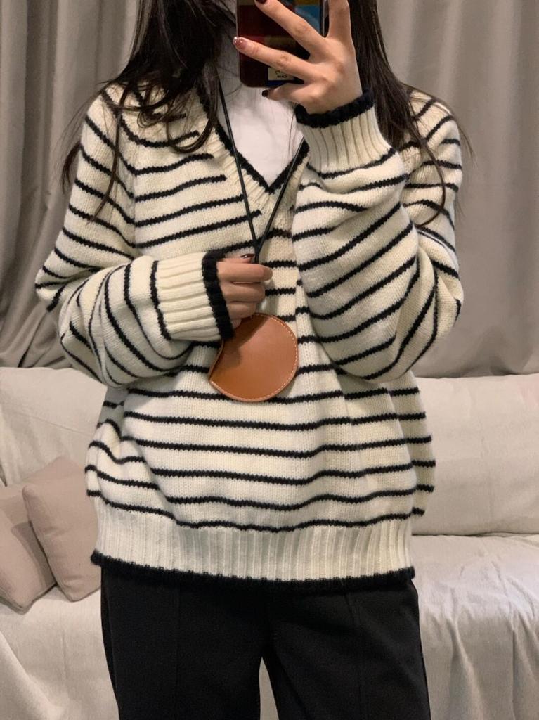 2025 Autumn/Winter Women's Loose Knit V-Neck Sweater - Korean Style Color Block Stripes