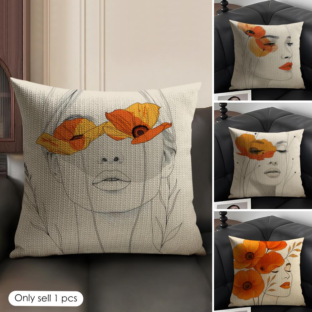 Flowers And Women Cushion Cover Natural Linen Organic Fabric DoubleSided Printing Sofa Home Decor Gift Pillow Case