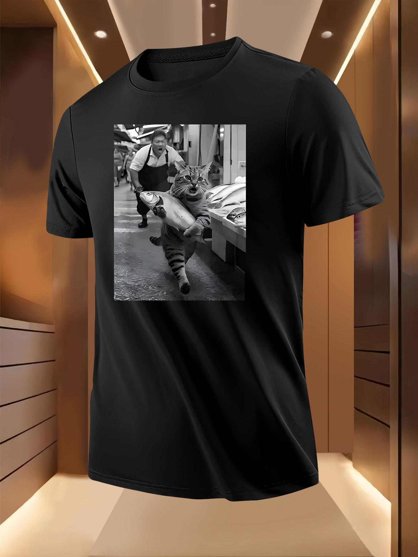 Funny Fishing Cat Thief Graphic Tshirt Graphic Tee - Ligh... L