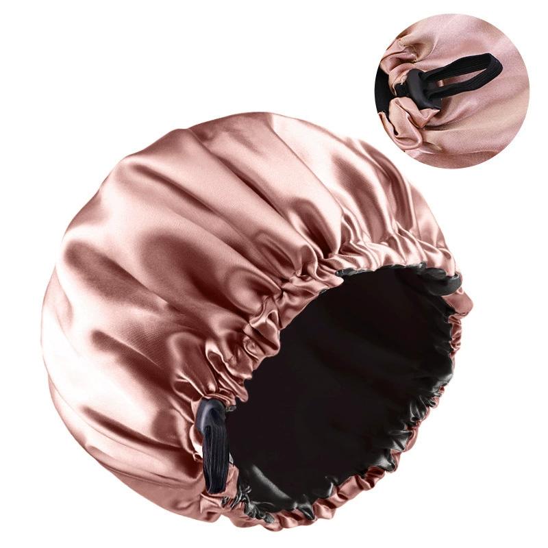 1pc Double Layer Adjustable Satin Bonnet Solid Color Elastic Button for Women Hair Hat Nightcap Silky Satin Fabric