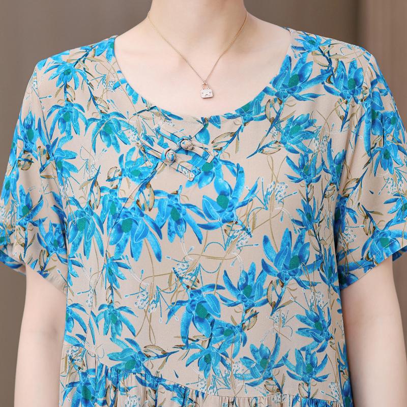 Elegant Dresses for Women Plus Size Loose Casual Vintage Print Long Dress With Sleeves Summer Middle-aged Women's Clothing