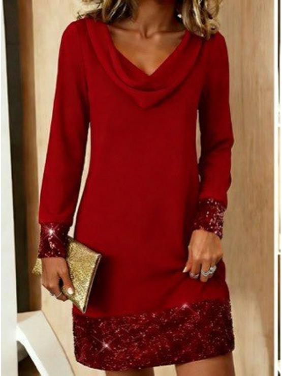 Elegant Ruffle Collar Long Sleeve Sequin Mesh Party Gown for Women XXL красный