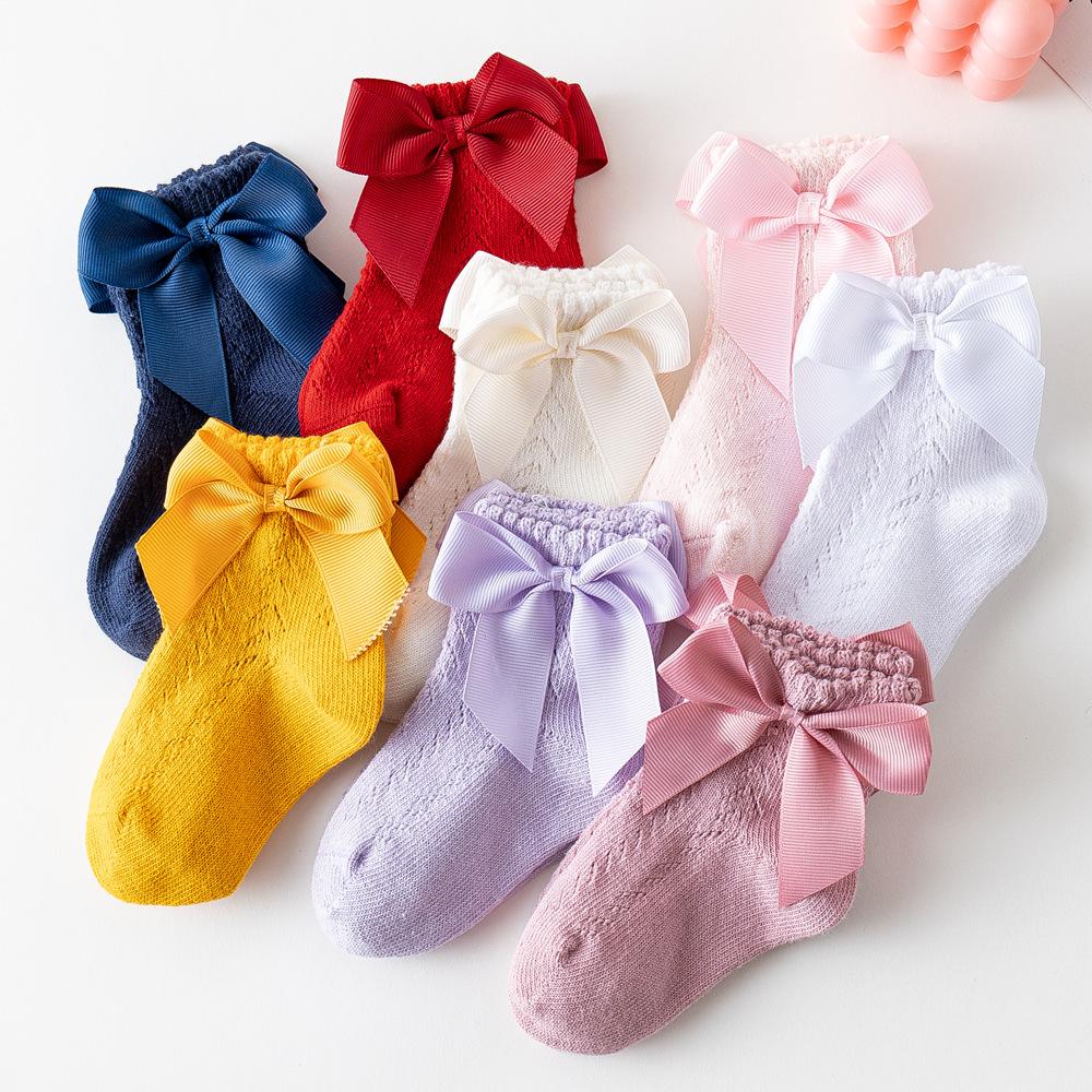 Lovely Baby Infant Girls Socks Kids Pure Color Pink Red Yellow Mesh Ruffle Socks Summer Cute Bow Knot Short Socks