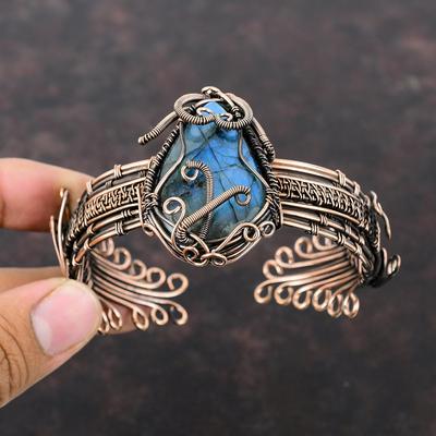 Bracciale a Manica in Rame e Labradorite Braccialetto Intrecciato a Filo Braccialetto Regolabile Braccialetto a Manica con Pietre Preziose Braccialetto a Manica in Rame Fatto a Mano Gioielli in Labradorite