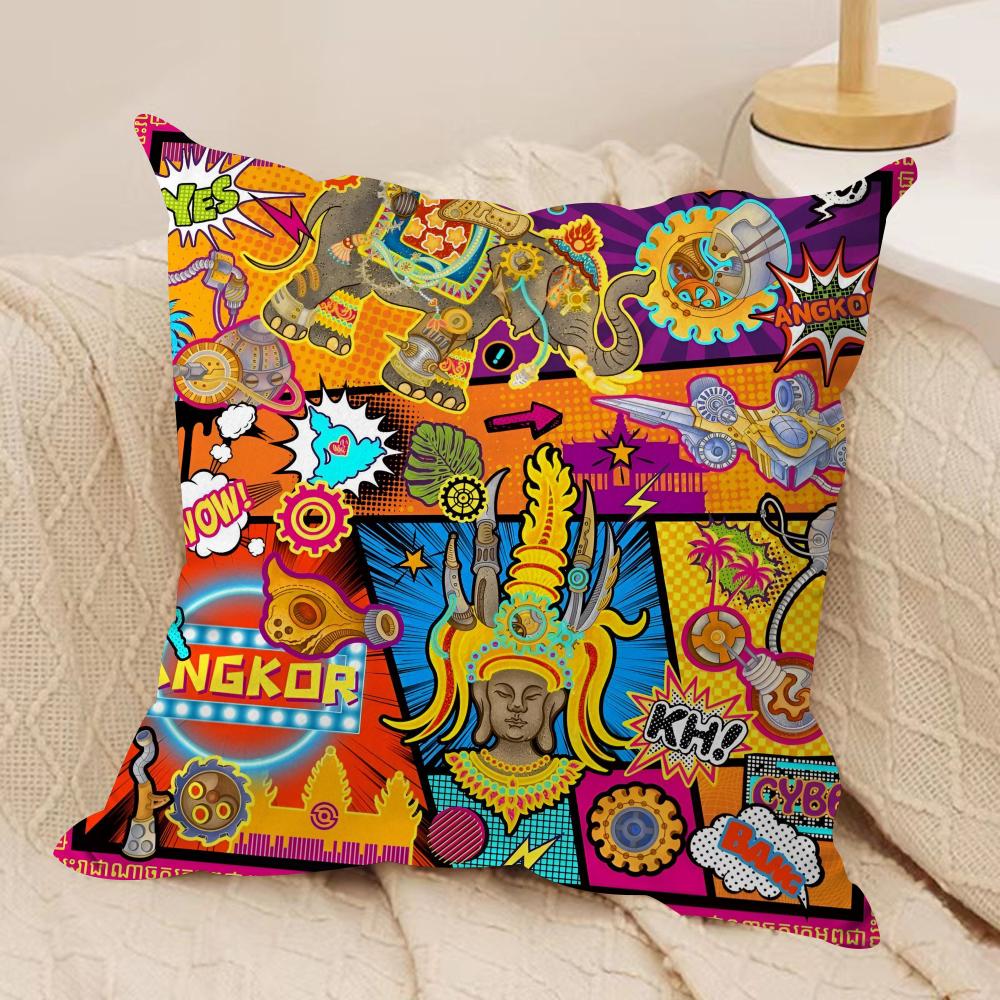 Cambodian Buddha Print Cushion Cover Soft Plush Fabric DoubleSided Printed Sofa Cushion Cover for All Seasons Home Decor Gift