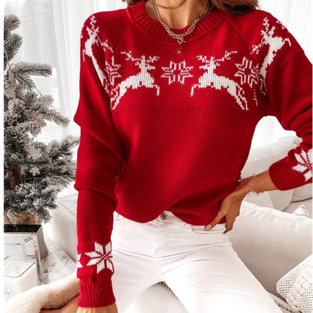 Women's Fashion  Winter Christmas Knitted Long Sleeve Round-Neck  Sweater