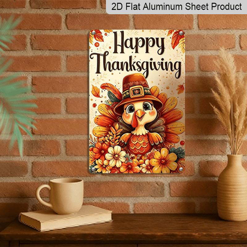 2D Flat, 1pc Thanksgiving Cartoon Bird Floral Aluminum Decorative Sign & Plaque, Thanksgiving Party Wall Decor, Dining Room Wall Art, Kitchen