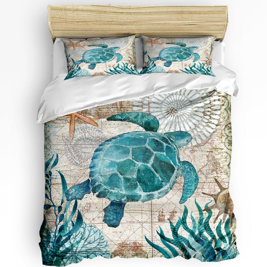 Nautical Theme Sea Turtle Starfish Compass Duvet Cover with Pillow Case 3pcs Bedding Set Quilt Cover Double Bed Home Textile