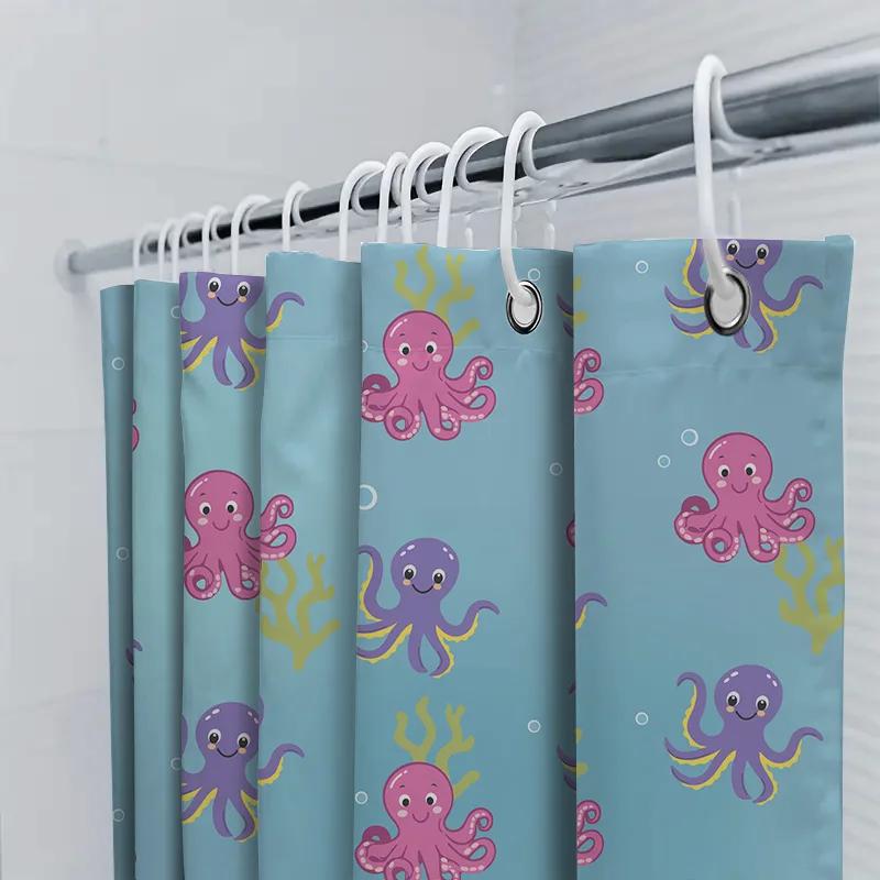 Octopus Bath Shower Curtain Kids Cartoon Blue Bathroom Decor Waterproof Washable Home Decoration