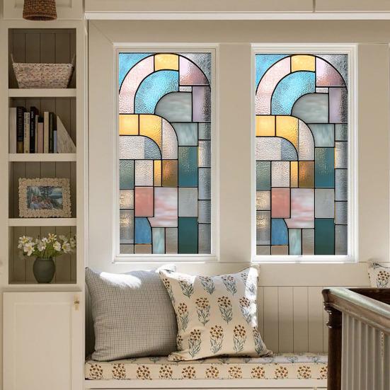 Geometric Window Privacy Film Stained Glass Style Privacy Protection Film Frosted Static Cling Waterproof Privacy Film for Bathroom Bedroom Kitchen