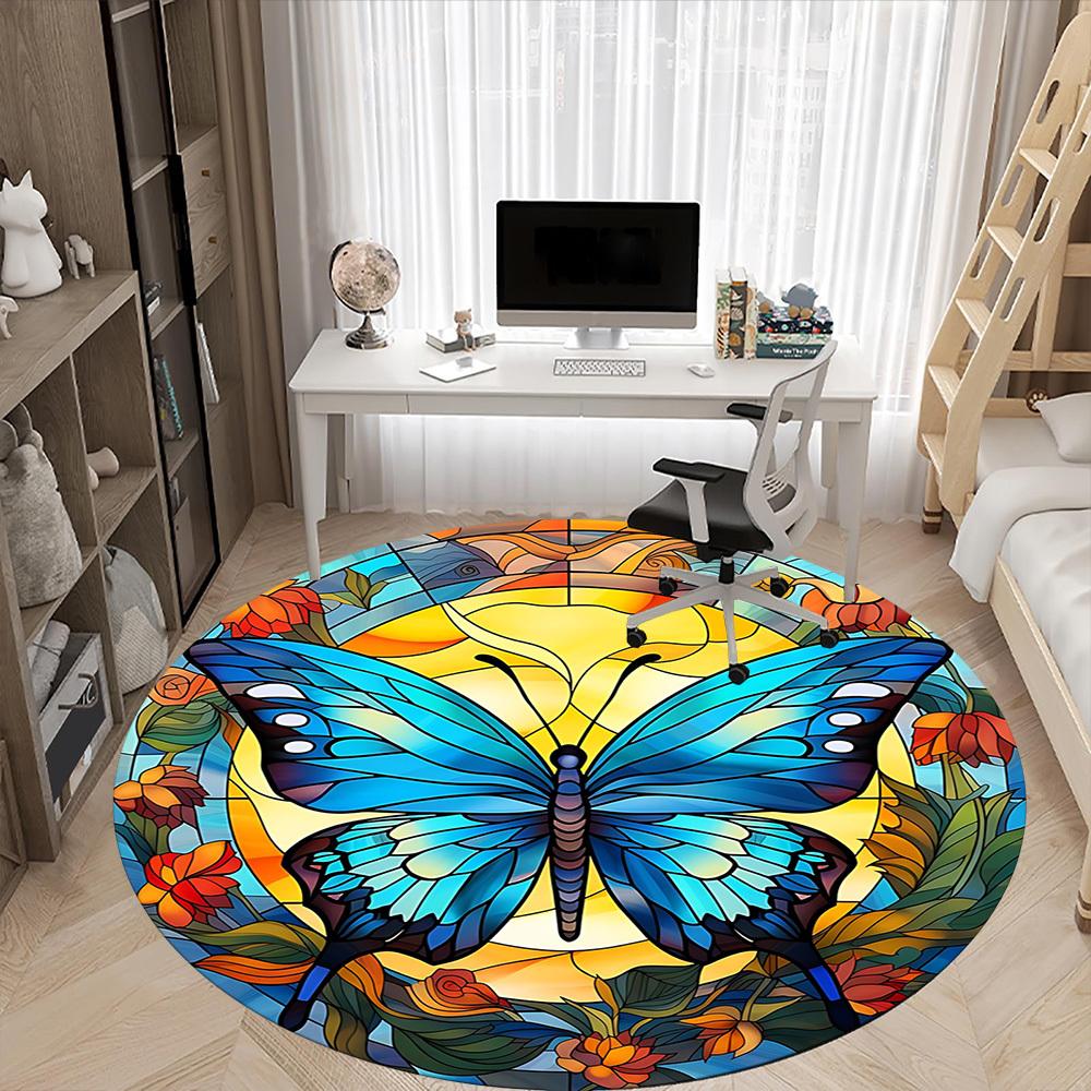 1pc Butterfly StainedGlass Office Round Area Rug, Under Office Chairs Bedroom Living Room Home Decor, Room Deco