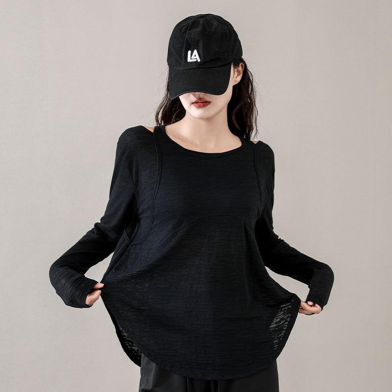 Women's Summer Casual Sportswear Set: 2024 Loose Long Sleeve Yoga Top with Sun Protection and Ice Silk Straight-Leg Pants