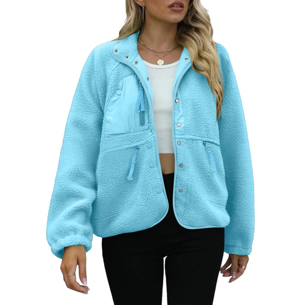 Women's Fashion Casual Stacked Lapel Single Button Fleece Sports Sweatshirt Jacket Outerwear