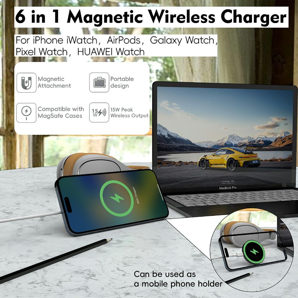 6 in 1 Magnetic Wireless Charger with Stand 15W Max Fast Charging Magnetic Stand