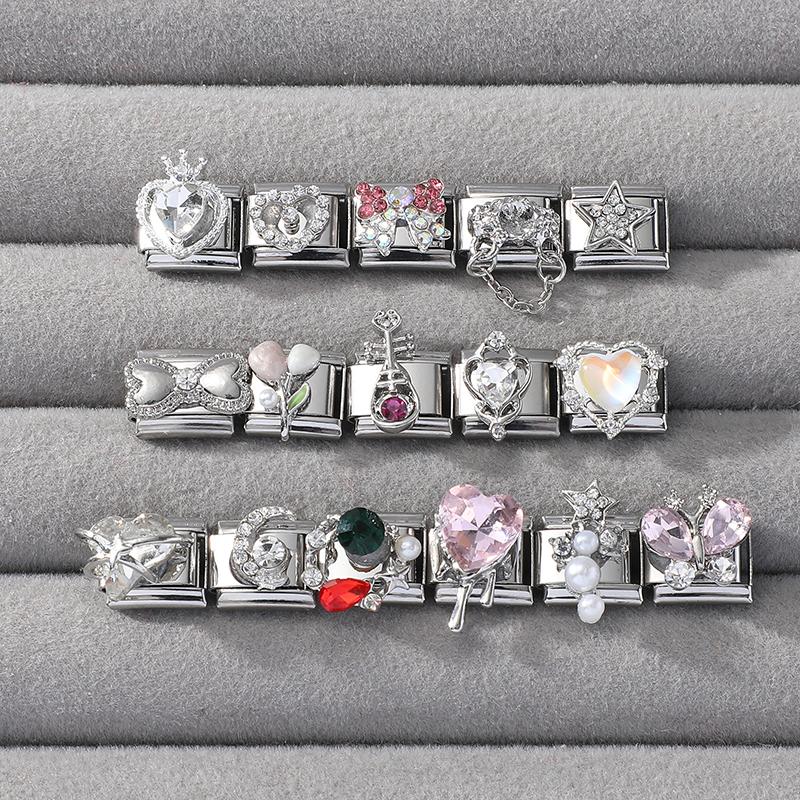 Zircon Pearl Heart Bow Candy Flower Butterfly Italian Charm Links Fit 9mm Stainless Steel Bracelet Personalized DIY Making Gifts