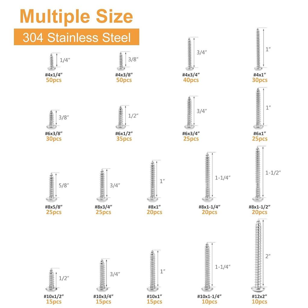 450pcs460pcs510pcs304 Stainless Steel Cross Round Head/countersunk Head Self-tapping Screw Set