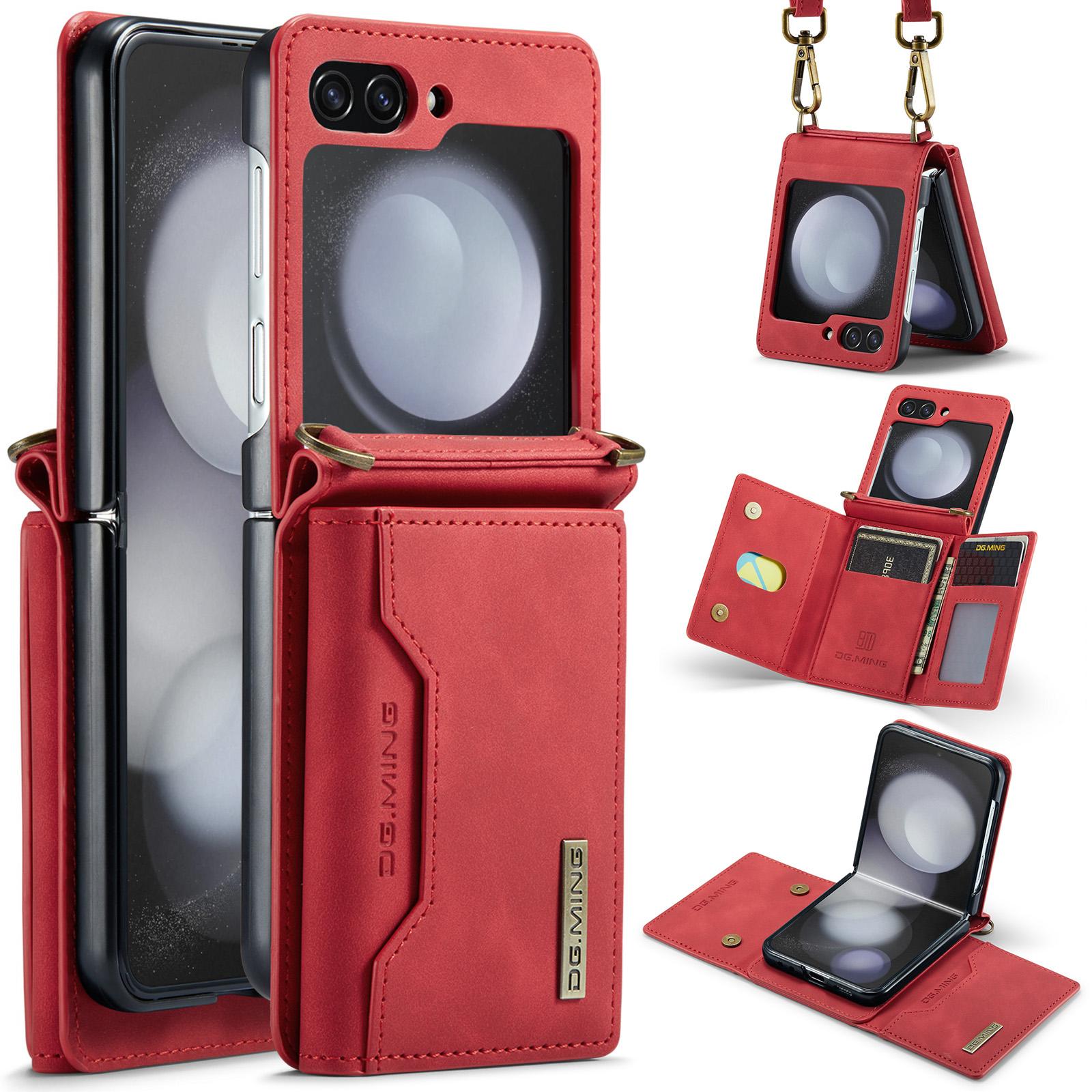 

DG.MING M2 Series for Samsung Galaxy Z Flip5 5G Leather Coated+PC Phone Case Magnetic Kickstand Cover Card Holder Red