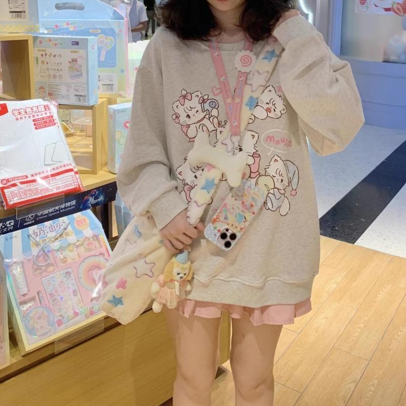 2KWEIRD Y2k Harajuku Kawaii Hoodie Women Japanese Fashion Cute Casual Cat Print Soft Gril Loose Sweatshirt Preppy Style