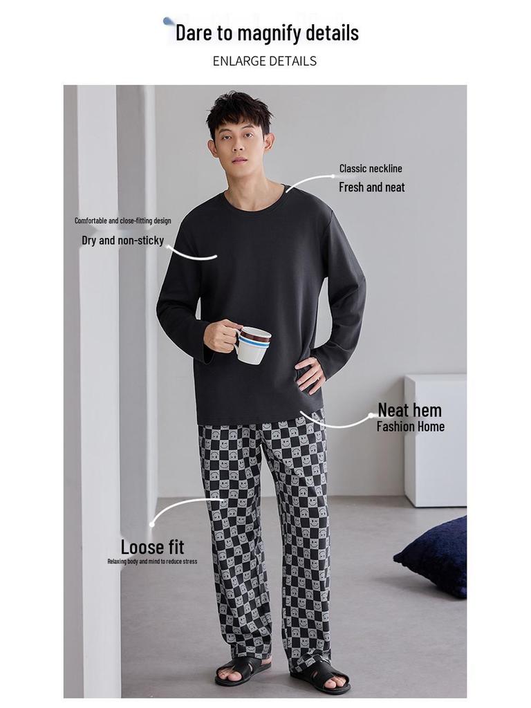 Herren Pyjama-Set aus reiner Baumwolle mit Karomuster – Langärmlig, Übergröße, Teenager-freundlich, Für drinnen oder draußen, Frühling/Herbst.