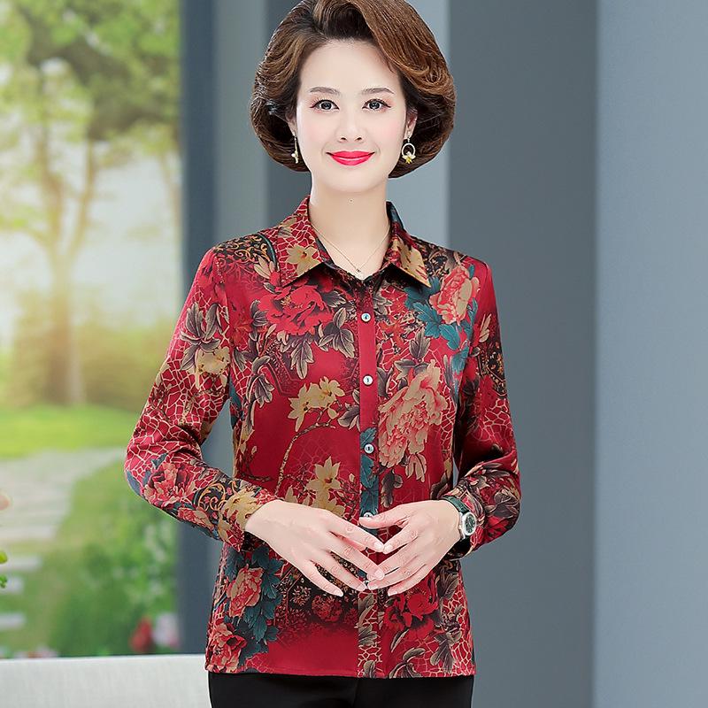 

Luxury Mulberry Silk Long Sleeve Shirt for Mature Women, Lightweight Spring/Summer Plus Size XL (for 50-55 kg) червоний