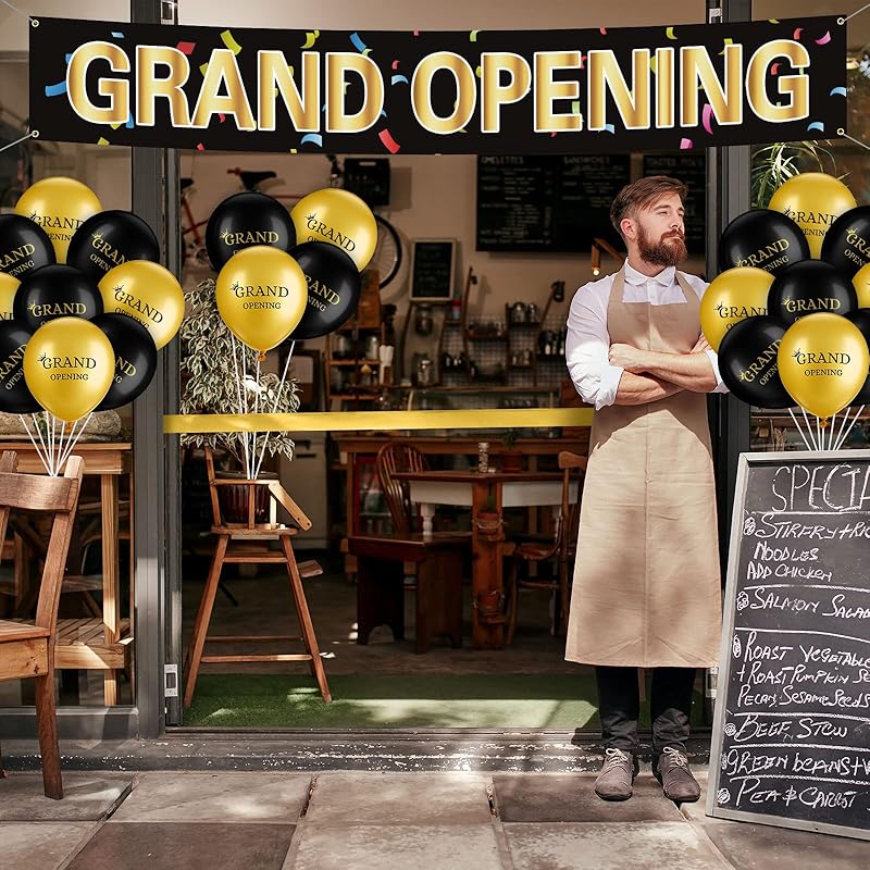 Lewtemi 42 Pieces Grand Opening Decorations Kit Includes 1.5 x 9.8 ft Grand Opening Banner 40 Balloons and Satin Ribbon for Events Inaugurations