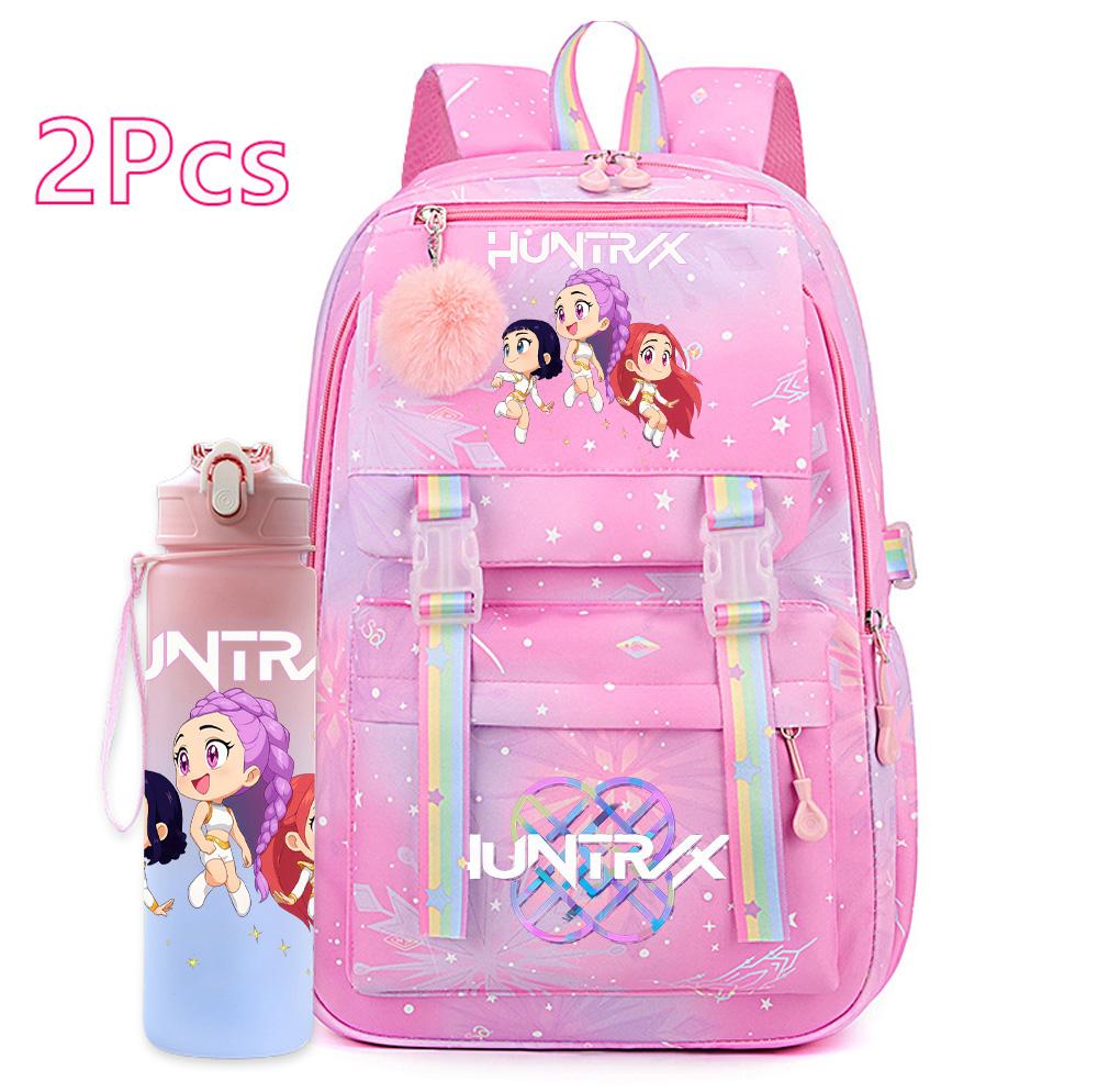 2Pcs/set Cute K-Pop Demon Hunters Printed Backpack with 750Ml Water Bottler for Teenager Student Girl Boy Large Capacity Waterproof Bookbag Travel Bag