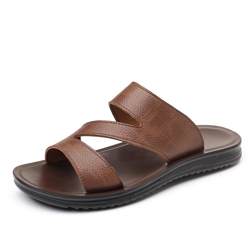 Fashion All-match Summer Men's Slides Simple Man Casual Leather Beach Shoe Non-slip Casual Slippers Outdoor Sandalias Garden Half Drag