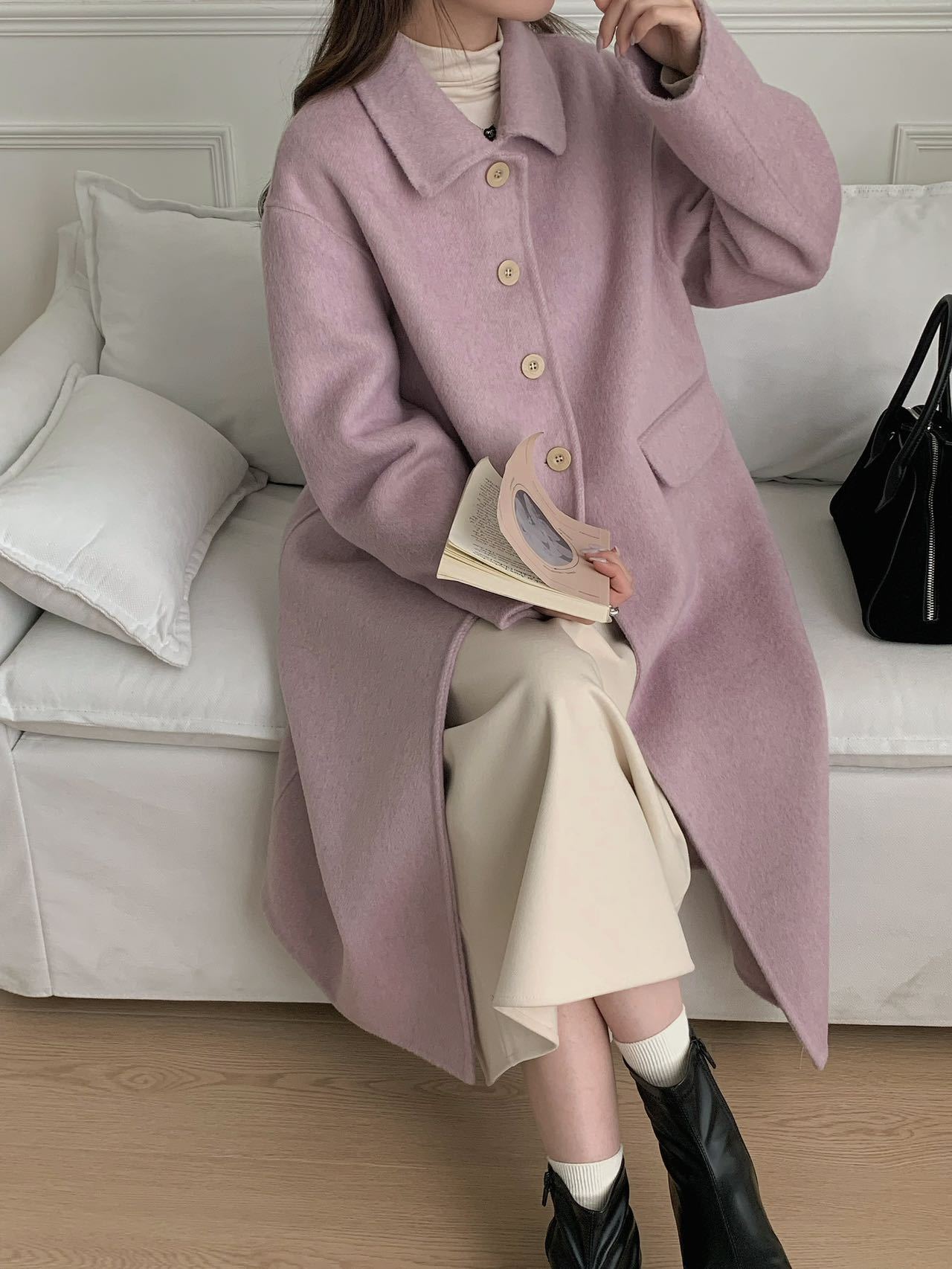 

Кукольный воротник, высококлассное средней длины простое однобортное двустороннее шерстяное пальто, утолщенная кашемировая куртка с большими манжетами M (120-70 kg) фиолетовый