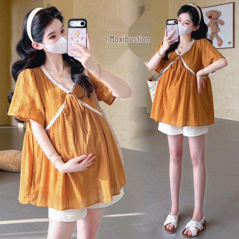 2026 Summer Korean V-neck Lace Embroidered Doll Top & Tummy Control Shorts L