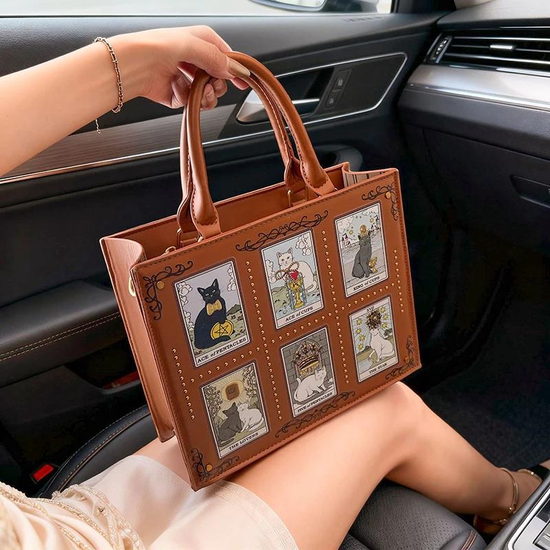 Modische Katzen-Elf Handtasche Top-Handle-Tote-Bag Quadratische Crossbody-Umhängetasche Niedliches Katzenmuster Vielseitige Tote-Bag Aktentasche für Damen