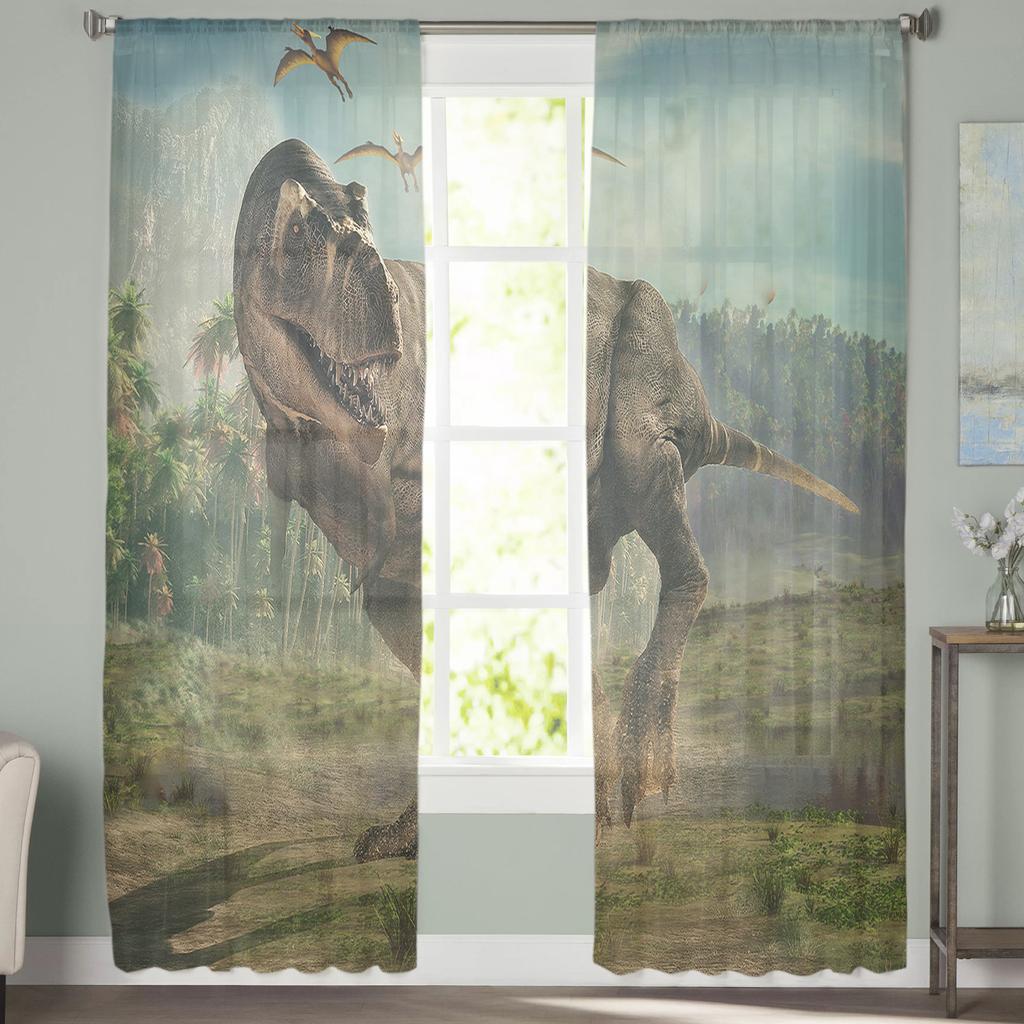 Virgin Forest Jurassic Dinosaur 3D Tulle Curtain Voile Transparent Tulle for Bedroom Living Room Kitchen Sheer Window Curtains