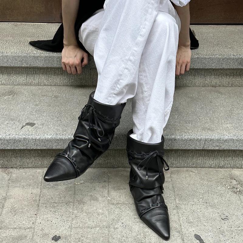 Fashion 2025 Autumn Suede Leather Pleated Ankle Boots Women Pointed Toe Slip On Western Cowboy Boots Fashion Short Chelsea Botas Mujer