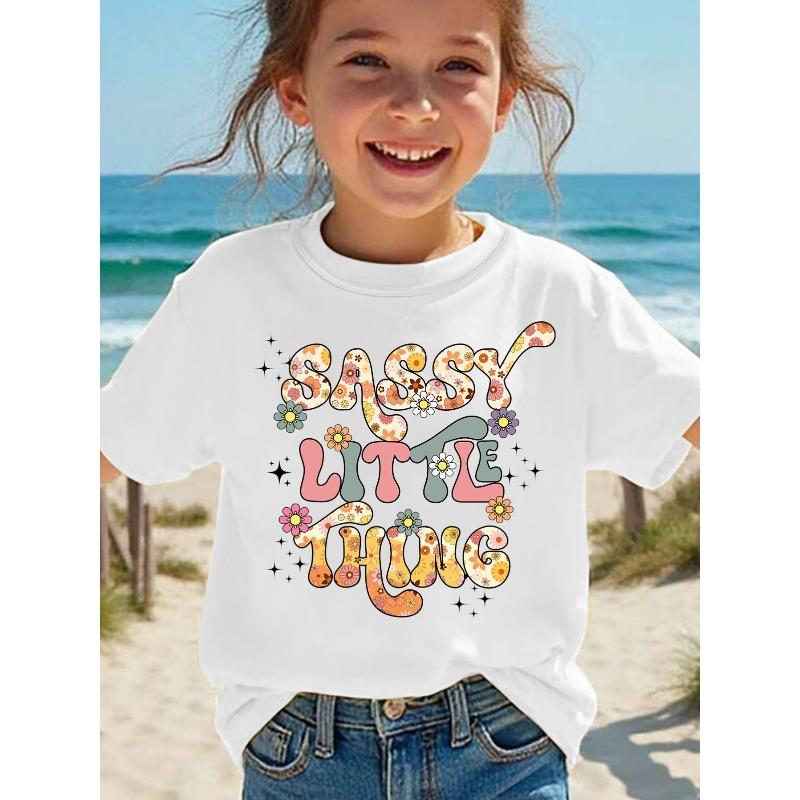 European Size Summer Fashion Girls' Short Sleeve T-Shirt with Sassy Little Thing Letter Print Casual Versatile Top