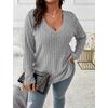 Autumn and Winter Solid Color V-neck Long Sleeved Top with Pit Stripe Brushed Loose Fit Pullover Plus Size Women's T-shirts
