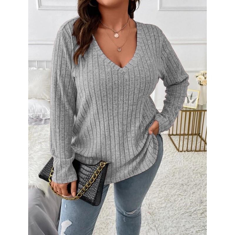 Podzimní a zimní jednobarevný top s výstřihem do V a dlouhým rukávem s žebrováním, česaný, volný pulovr plus size dámská trička