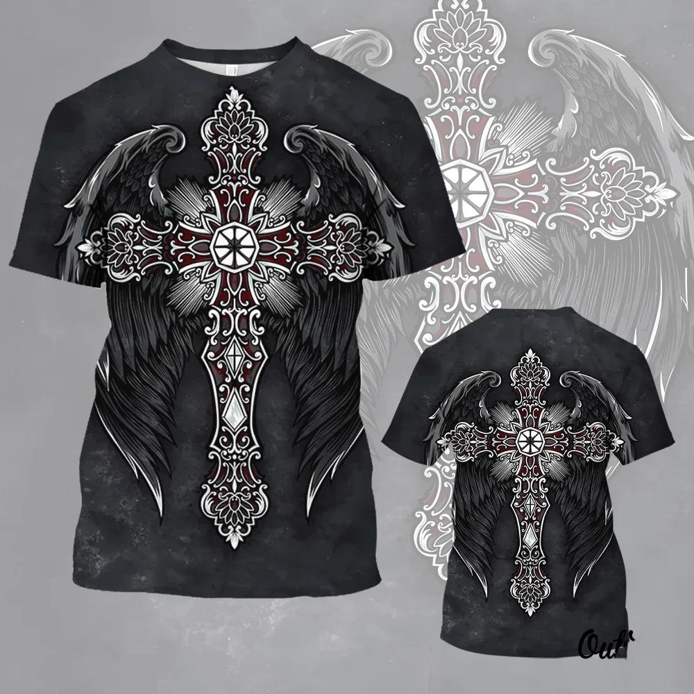 Funny 3D Jesus Cross Pattern Men's T Shirt Fashion Wing Print Short Sleeve Tops Summer Casual O-neck Loose Pullover Hip Hop Tees
