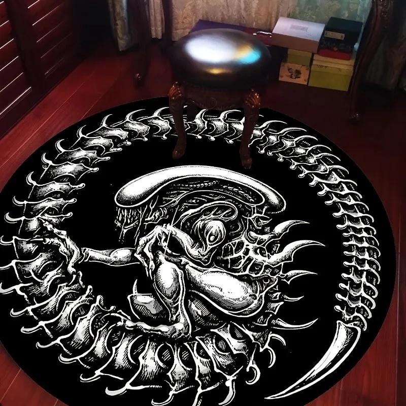 Grim Reaper Bat Gothic Round Area Rug, Death Skeleton Printed Circular Floor Carpet, Spooky Indoor Home Decor