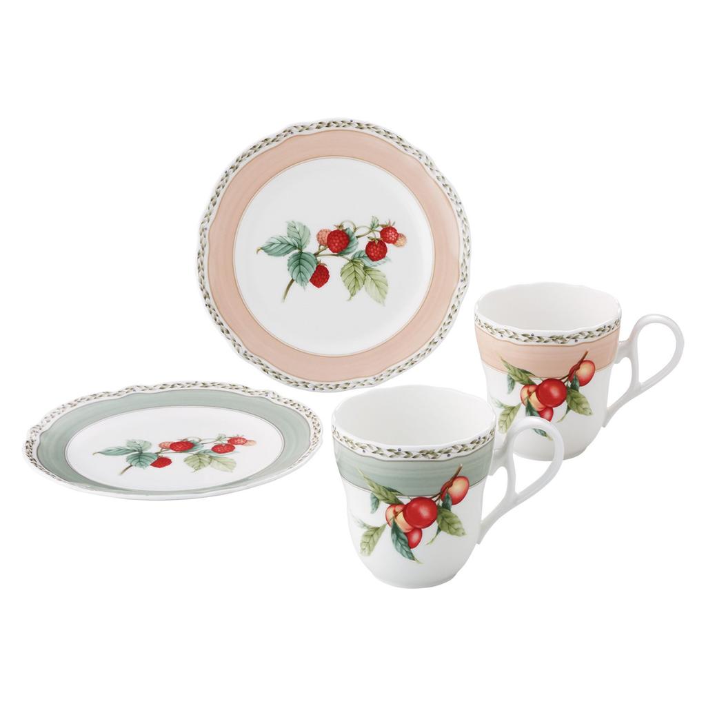 Noritake Mug & Plate (Pair Set) - 19cm Plate and 375cc Mug, Orchard Garden Design, Two Mugs and Two Plates, Fine Porcelain (Off-White), M9719/4911-12