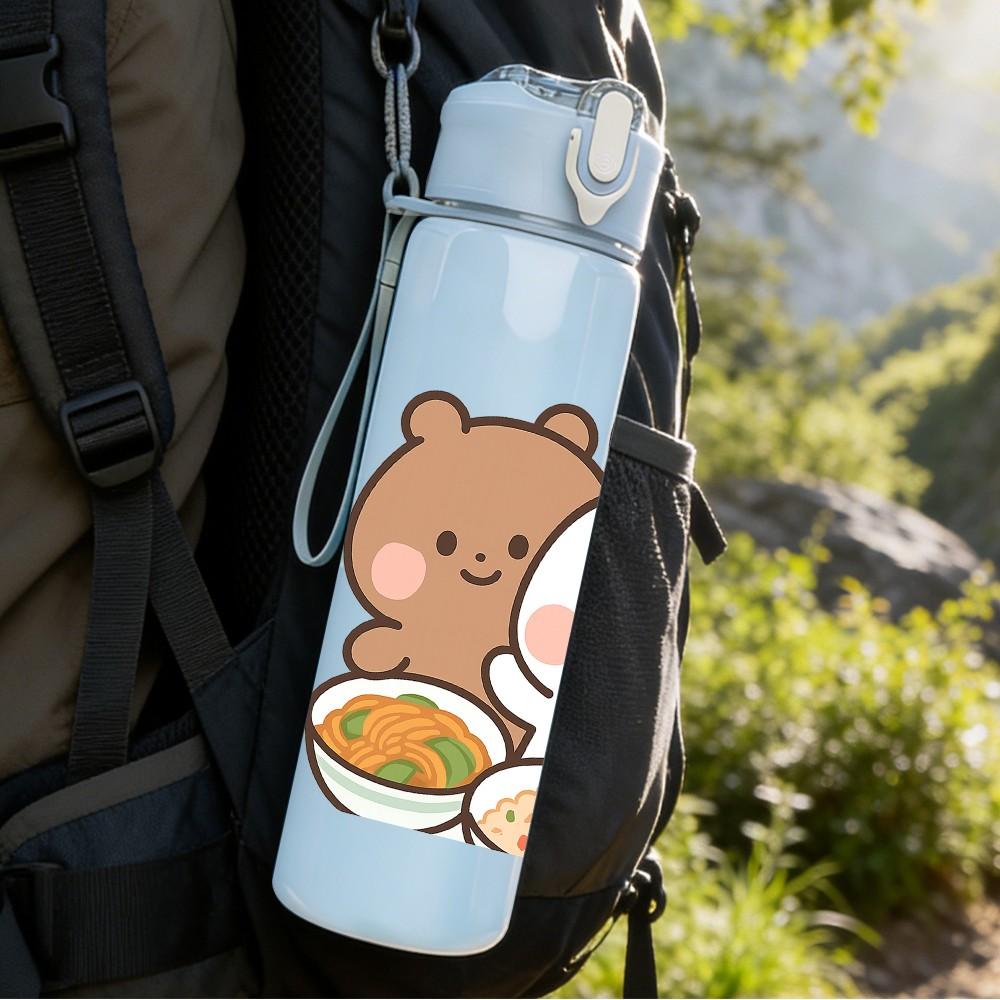 1PC Bear Bunny Food Cartoon Print 750ml Color Plastic Sports Water Bottle Leakproof Flip Straw Lid Suitable for Sports Office Home Use