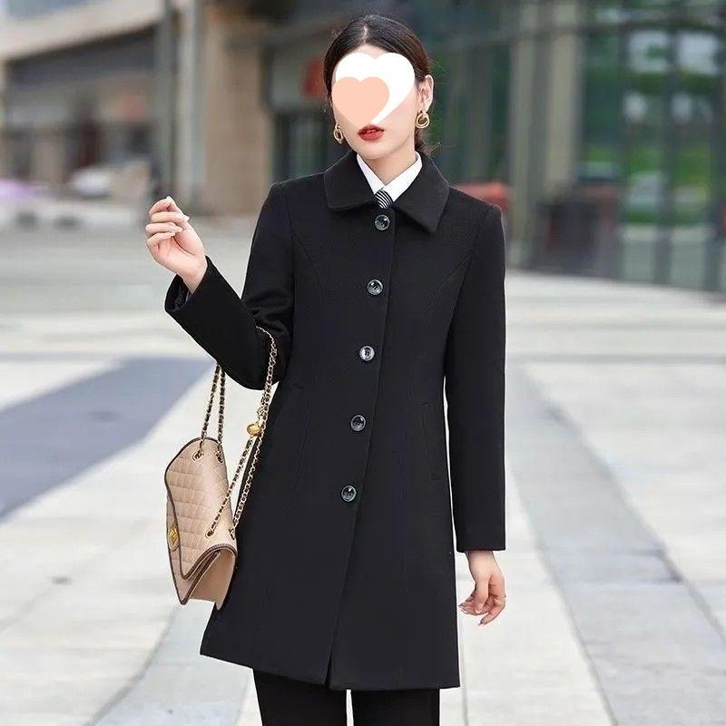 Women's Elegant Black Wool Coat - Autumn/Winter Professional & Casual Wear