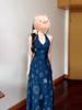 New Retro French Vacation Style Blue V-neck Neck Vest Dress Children's Summer Waist Dress