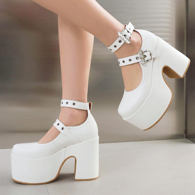 FOREADA Women Pu Leather Pumps Super High Hoof Heels Round Toe Ankle Strap Belt Buckle Punk Style Spring Autumn Shoes White
