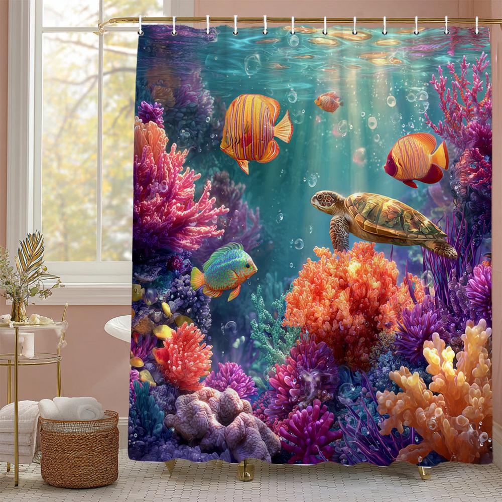 Underwater World Ocean Dolphin Sea Turtle Shower Curtain, Bathroom Decorative Shower Curtain, printing Shower Curtain with Hooks