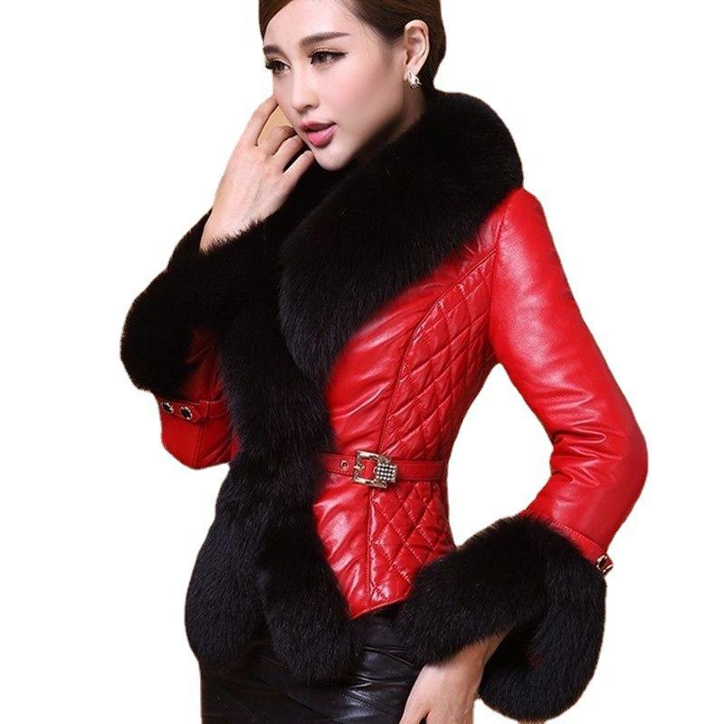 Imitation fur jacket women's short imitation fox fur collar large size leather cotton-padded jacket leather fashion waist
