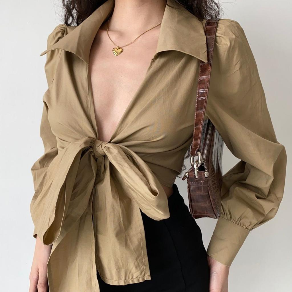 European and American Style Sexy Cross V-neck Tied Lantern Sleeve Shirt Women's High Waisted Short Lapel Top