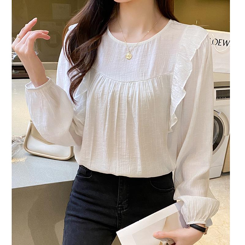 

Женская кружевная рубашка Весна/Осень 2025: Свободный пуловер с круглым вырезом, приталенный Medium белый