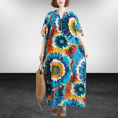 Καλοκαιρινό Γυναικείο Φόρεμα Παραλίας με Σχέδια, Λαιμόκοψη V, Φαρδύ, Μεγάλο Μέγεθος, Απλό, Στυλ Διακοπών